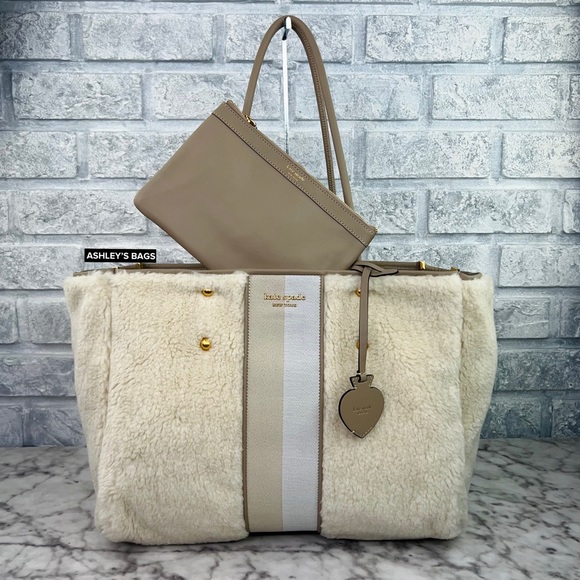 Kate Spade Everything Racing Stripe Faux Shearling Large Tote In Cream Multi - Picture 1 of 16